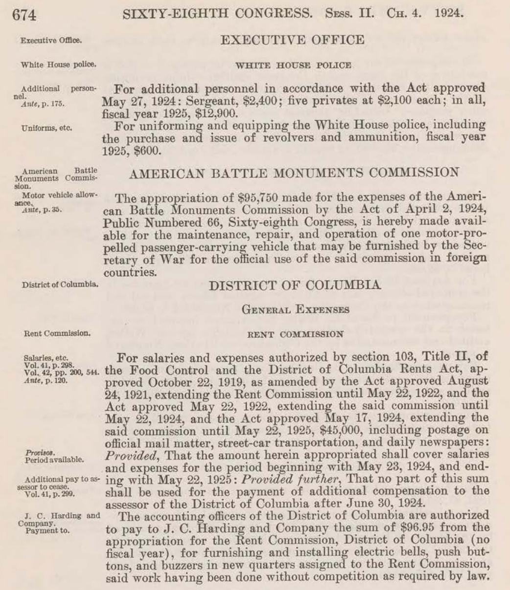 Page 674 from the Second Deficiency Act of 1924, showing appropriations for the Executive Office (White House Police), American Battle Monuments Commission, and District of Columbia (Rent Commission). The page displays the same structural elements used in modern appropriations bills: bureau headers in caps, account names as subheaders, itemized dollar amounts, italicized "Provided, That" chains, and marginal sidenotes flagging key terms like "Provisos" and "Period available." Includes a $96.95 line item for J.C. Harding and Company for electric bells, push buttons, and buzzers.