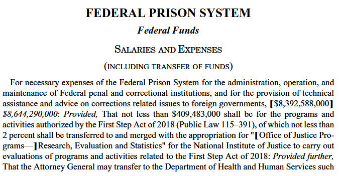 Proposed appropriations language for the Federal Prison System from the FY 2024 Appendix showing the standard convention: regular text for existing law, bold brackets for proposed deletions, and italics for proposed additions.