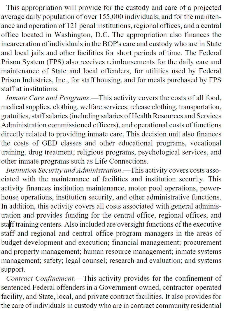 Narrative description of the Federal Prison System Salaries and Expenses account from the FY 2026 Appendix, describing the three program activities: Inmate Care and Programs, Institution Security and Administration, and Contract Confinement.