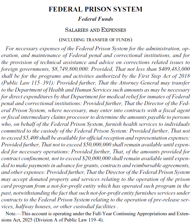 Proposed appropriations language for the Federal Prison System Salaries and Expenses account from the FY 2026 Appendix. All text is in italics, indicating entirely new proposed language because the base year was a continuing resolution.
