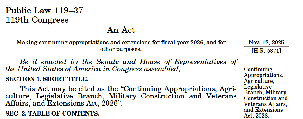 Image of the first lines of the "Continuing Appropriations, Agriculture, Legislative Branch, Military Construction and Veterans Affairs, and Extensions Act, 2026", Public Law 119-37.