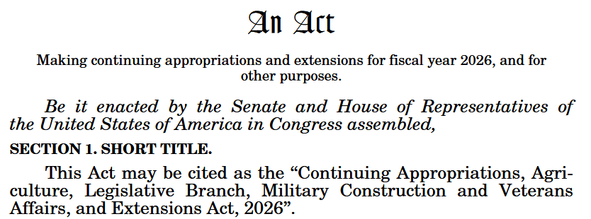 Screenshot of Sec. 1 of the “Continuing Appropriations, Agriculture, Legislative Branch, Military Construction and Veterans Affairs, and Extensions Act, 2026”.